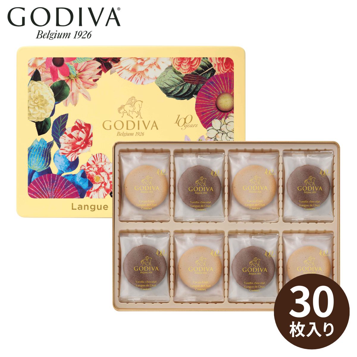 【ポイント5倍】GODIVA 100周年 ラングドシャクッキーアソートメント 30枚入(承り期間：8月23日まで) ゴディバ ギフト 限定 高級 チョコレート 焼き菓子 詰め合わせ 個包装 手土産 贈り物 プレゼント 内祝い お祝い スイーツ カカオフルーツ バニラショコラ お中元 父の日