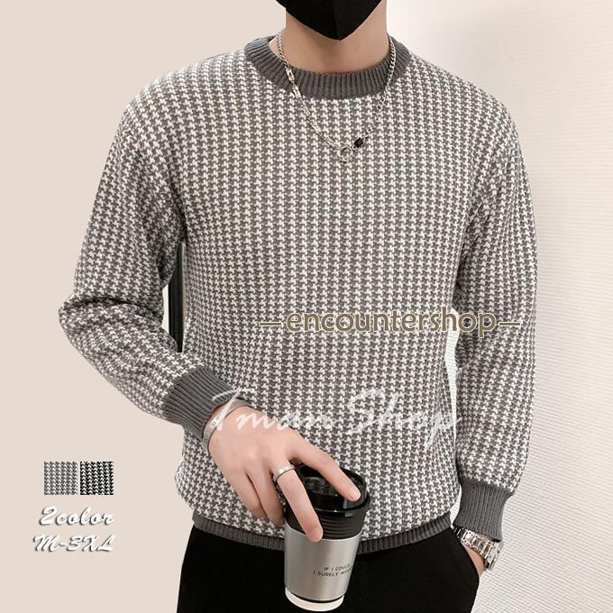 セーター ニット メンズ ニットセーター 千鳥格子柄 長袖 防寒セーター クルーネック メンズセーター ..