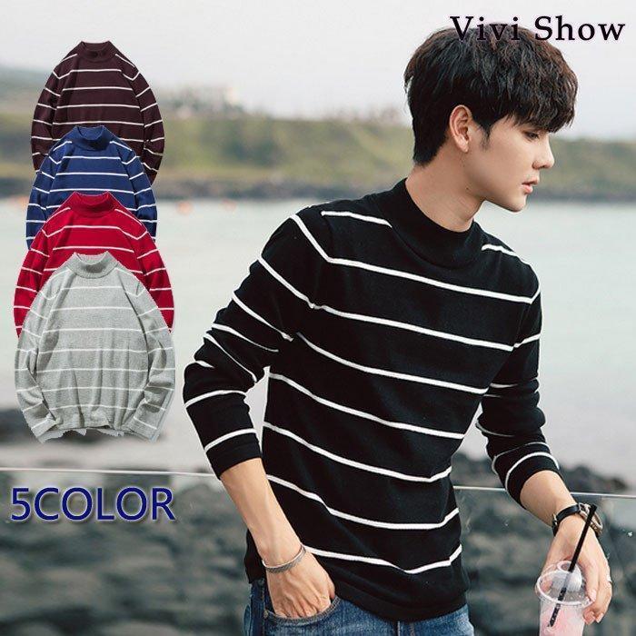 ボーダー柄メンズセータートップス長袖紳士用ラウンドネック秋冬vivishow