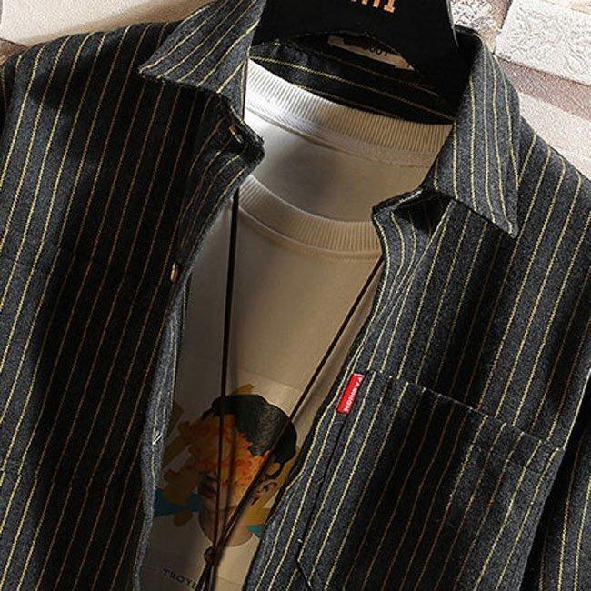 メンズ長袖シャツ大きいサイズストライプメンズカジュアルシャツストライプ秋冬春物カジュアルシャツ4色