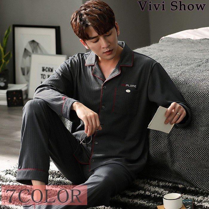 紳士用メンズパジャマカジュアル上下セットアップホームウェア綿コットン長袖