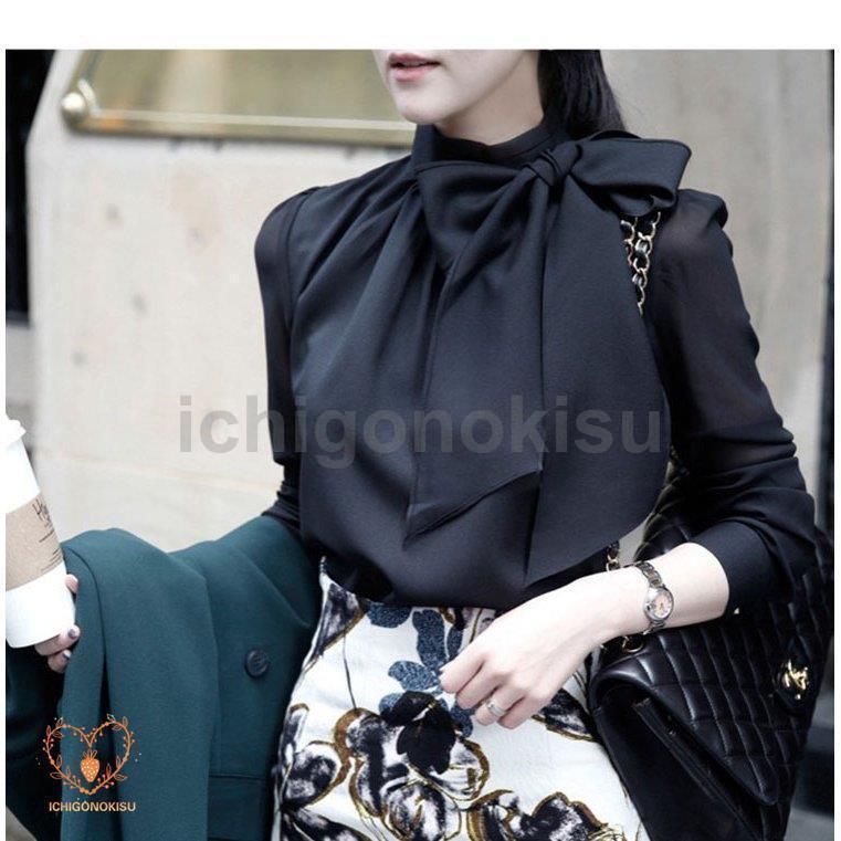 ブラウス レディース ビッグリボン 長袖 ボリュームスリーブ 綿混 秋冬 レディース ボウタイ 大人 おしゃれ 上品 きれいめ お呼ばれ 冠婚葬祭 法事 セレモニー