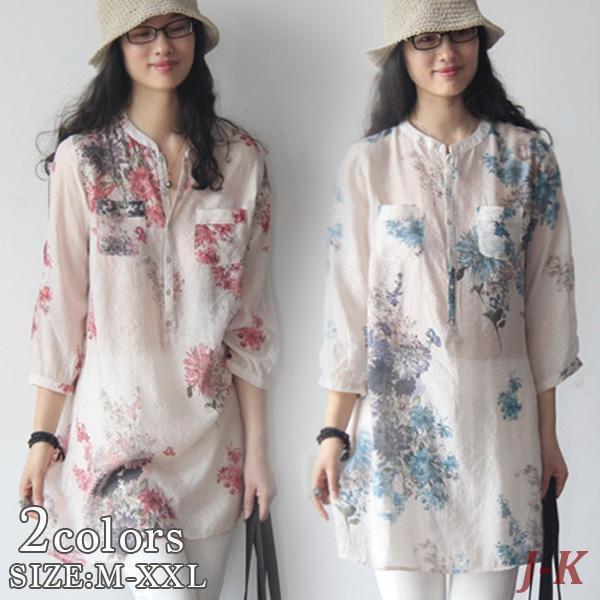 透け感 花柄 ブラウス シャツ チュニック 7分丈 ワンピース 可愛い ふんわり トップス レディース