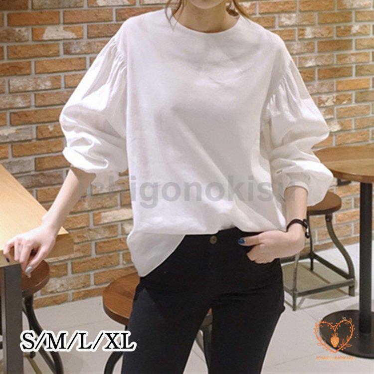 Tシャツ ボリューム袖 レディース 無地 綿 ベーシック シンプル 白 黒 UV対策 カットソー 大きいサイズ 20代 30代 40代 新作