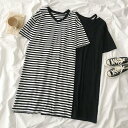 Tシャツワンピ 夏 レディース ワンピース 半袖 Tシャツワンピース ボーダー柄 ゆったり Vネック ロングTシャツ 半袖ワンピース サマーワンピース(4)