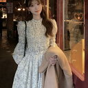 長袖ワンピース ワンピース ミモレ丈 レディース ハイネック スカート 長袖 薄手 バルーンスリーブ 花柄 総柄 お洒落 可愛い(4)