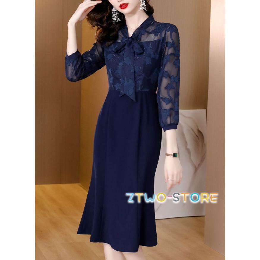 マーメイドワンピース パーティードレス 結婚式 お呼ばれドレス マーメイドドレス 袖あり シアー袖 ボウタイリボン 切り替えワンピース 大きいサイズ 3L 4L