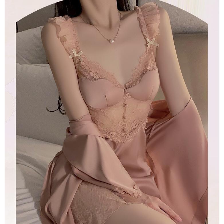 ブラジャー付きルームウェア レディース Vローカット ワンピース パジャマ ナイトローブ ネグリジェ 上品 バックレスサスペンダーナイトガウン