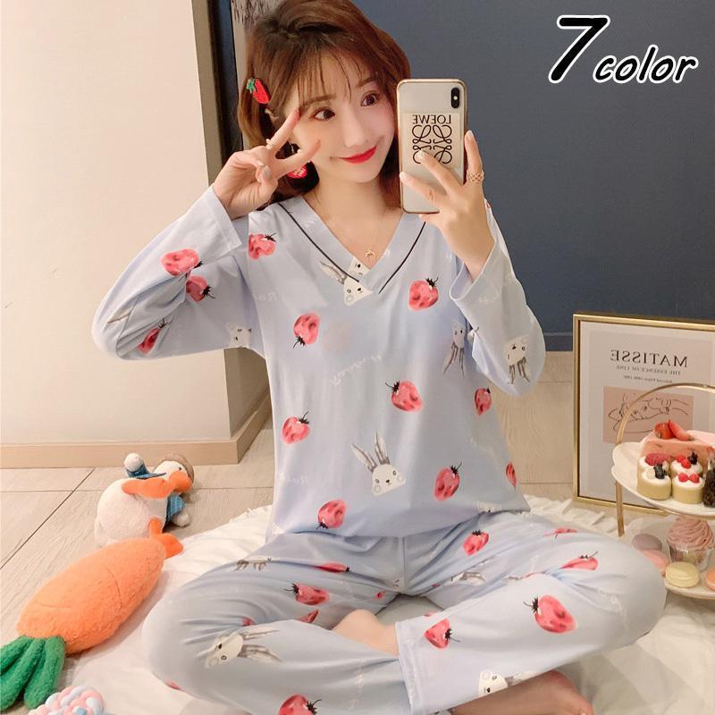 パジャマ レディース 秋冬 長袖パジャマ ロングズボン ルームウェア上下セットvネック イチゴ柄パジャマ 可愛い 部屋着 韓国風 寝巻き プレゼント