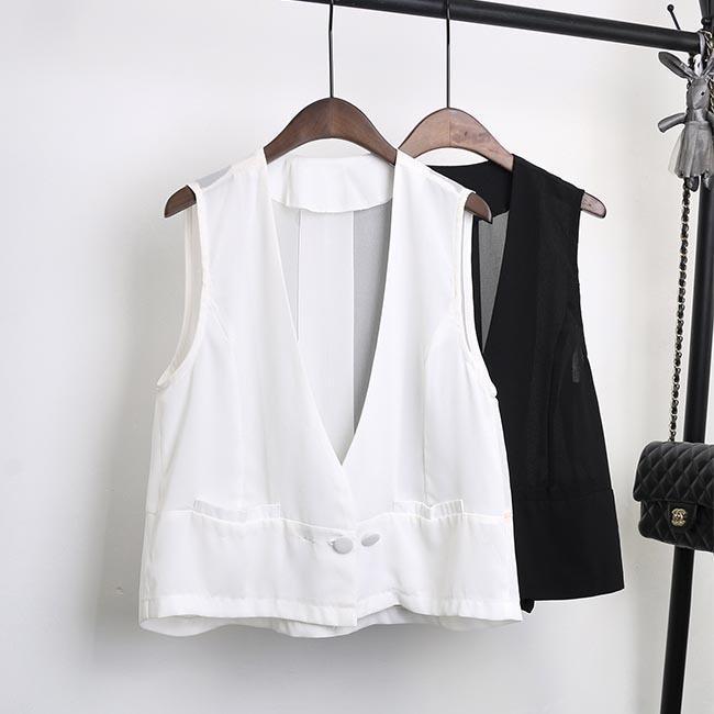 ベスト Vネック レディース トップス 羽織り フリル 重ね着 レイヤード ノースリーブ ノースリ 袖なし 薄手 前開き 上品 シンプル カーディガンのように羽織ったりVネックシルエットで、顔回りをスッキリとさせてくれます通気性にも優れているのでニットの素材ながらも軽く快適に着て頂けます様々なアイテムと相性抜群なシンプルなデザインゆったりとしたベストで、とても着やすいリラックス感ある着こなしが楽しめる着回し力の高さも魅力的カラー：ブラック ホワイト素材　ポリエステルサイズ（cm）M L XL 2XL 3XL M 着丈前55 着丈後61 バスト96 肩幅36 L 着丈前56 着丈後62 バスト100 肩幅37 XL 着丈前57 着丈後63 バスト104 肩幅382XL 着丈前58 着丈後64 バスト108 肩幅393XL 着丈前59 着丈後65 バスト112 肩幅40ご注意：※素人採寸ですので、若干の誤差がございます、ご了承ください。