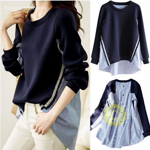 トレーナー レディース 春秋 トップス シャツ 切り替え カワイイ 長袖 Tシャツ 前後差 ゆったり 20代30..