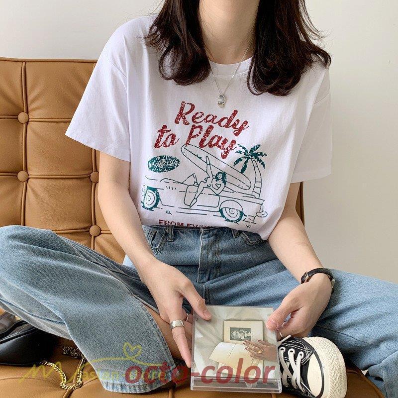 Tシャツ レディース 着痩せ 半袖 クルーネック 日常感 プリント コットン tシャツ お出かけ カジュアル トップス プリント 可愛い 上品 ワイドTシャツ ゆったり