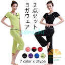 2点セット レディース ヨガウェア Tシャツ 半袖 パンツ 7分丈 ロング丈 上下セット トレーニング 無地 フィットネス 体操衣装 セットアップ