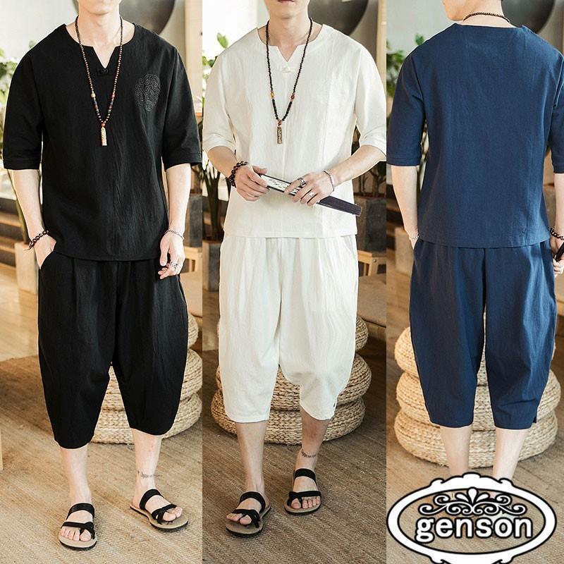 チャイナ服 上下セット セットアップ メンズ リネン 半袖Tシャツ サルエルパンツ クロップド丈 無地 薄手 上下 夏新作 麻 カジュアル ルームウェア