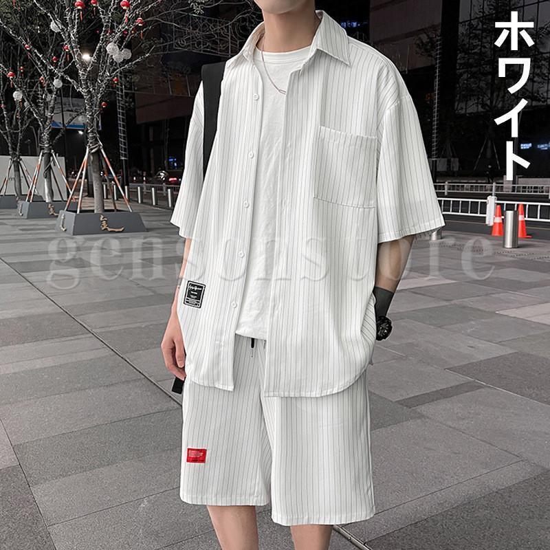カジュアルスーツ メンズ ピンストライプ セットアップ 夏 サマーセット 薄手 半袖 シャツ ショートパンツ ゆる 上下セット 涼しい 韓国風 紳士 シンプル