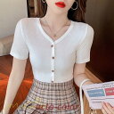 Tシャツ tシャツ 着痩せ 新作 レディース 半袖 コーデ ニット Vネック トップス 無地 着回し ボタン きれいめ ゆったり おしゃれ カジュアル アウター...