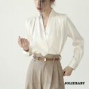 ブラウス レディース 秋 冬 秋冬 無地 シャツ トップス Vネック 長袖 チュニック オフィス カジュアル 20代 30代 40代 OL 細見え タック サテ...