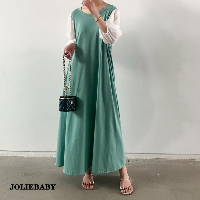 ワンピース レディース ロングワンピース 夏 春秋 長袖 丸首 無地 体型カバー お洒落 ゆったり カジュアル シンプル 着心地 新作 20代 30代 40代 50代 60代