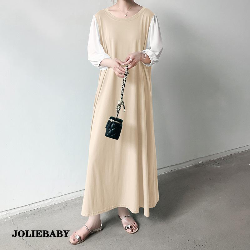 ワンピース レディース ロングワンピース 夏 春秋 長袖 丸首 無地 体型カバー お洒落 ゆったり カジュアル シンプル 着心地 新作 20代 30代 40代 50代 60代