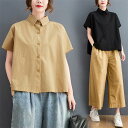 シャツ トップス レディース 夏トップス 不規則 ゆったり 無地 綿 前開き 折り襟 大きいサイズあり シンプル 定評のあるサマ見え カジュアルすぎない印象に