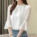 ブラウス レディース シャツ 春 夏 春夏 白 七分袖 シフォン ホワイト チュニック フレアスリーブ オフィス トップス 20代 30代 40代 ママ 母 O...