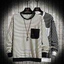 Tシャツ メンズ 長袖 トップス 長袖Tシャツ ボーダー柄 クルーネック カジュアル 装飾用ポケット シンプル おしゃれ 大人