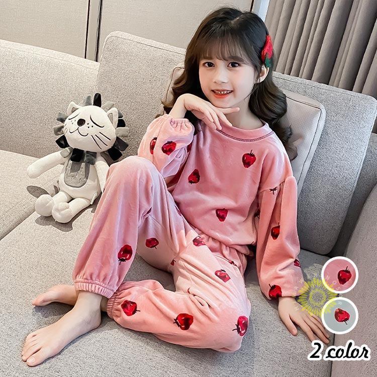 子供パジャマ 冬 モコモコ 女の子 イチゴ柄 セットフランネル ルームウェア ふわふわ 可愛い パジャマ 長袖 上下セット ベビー服 キッズ ジュニア 寝巻き 冬服