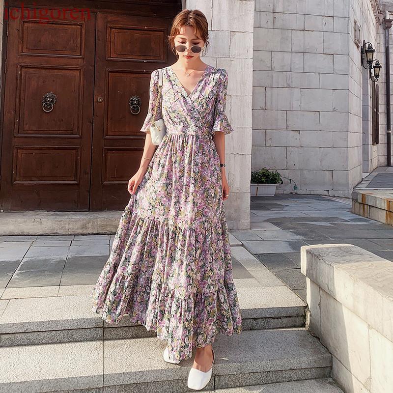 ワンピース 春 きれいめ ロング 花柄 半袖 Vネック おしゃれ かわいい マキシ丈 パープル レッド フリーサイズ
