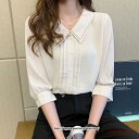 ブラウス レディース オシャレブラウス シャツ 春夏 半袖ブラウス 前開き 韓国風 通勤 OL 大きいサイズ 大人 上品 シフォン ダブルネック 韓国ファッショ...