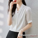 ブラウス サテン シャツ レディーストップス 半袖 夏服 30代40代 無地大人 ビジネスフォーマル OL Vネック ブラウスシャツ サテンブラウス レディース...