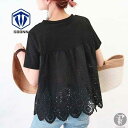 Tシャツ レディース トップス 透かし雕り チュニック シャツ 半袖 無地 大人 女子 体型カバー 夏新作 丸首 可愛い シンプル 黒 着痩せ
