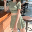 水着 レディース 体型カバー ビキニ ギャザーフリル スカート付き セパレート リブ水着 2点セット タンキニ フレア パッド付き ワイヤービキニ