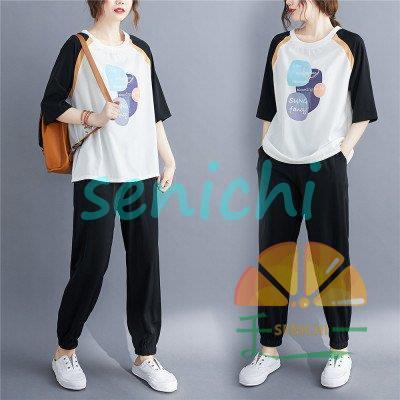 2点セット 半袖Tシャツ+ロングパンツ レディース tシャツ 丸首 プリント プルオーバー ポケット付き ゆったり 着痩せ 薄手 カジュアル オシャレ 運動夏 新作