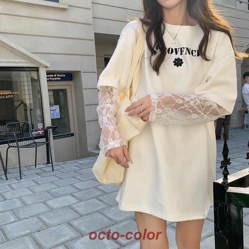 Tシャツ 袖レース ロゴプリント Tシャツワンピ レディース カットソー 長袖 大きいサイズ トップス チュニック 可愛い 大人 カジュアル フェミニン