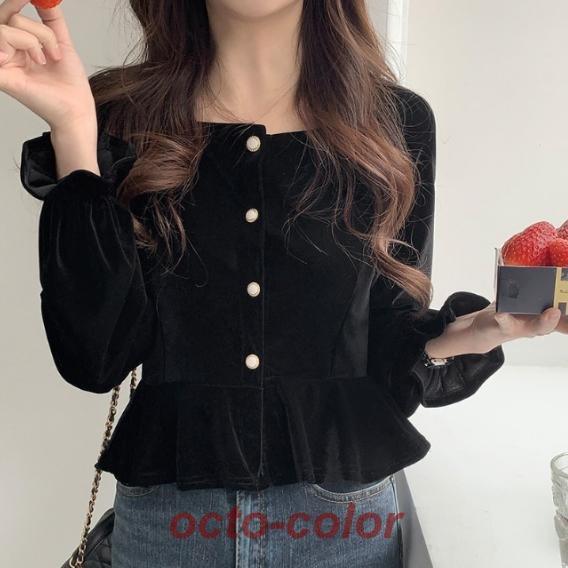 トップス シャツ 袖あり 長袖 襟なし スクエアネック ベルベット 前開き ボタン ウエストマーク かわい..