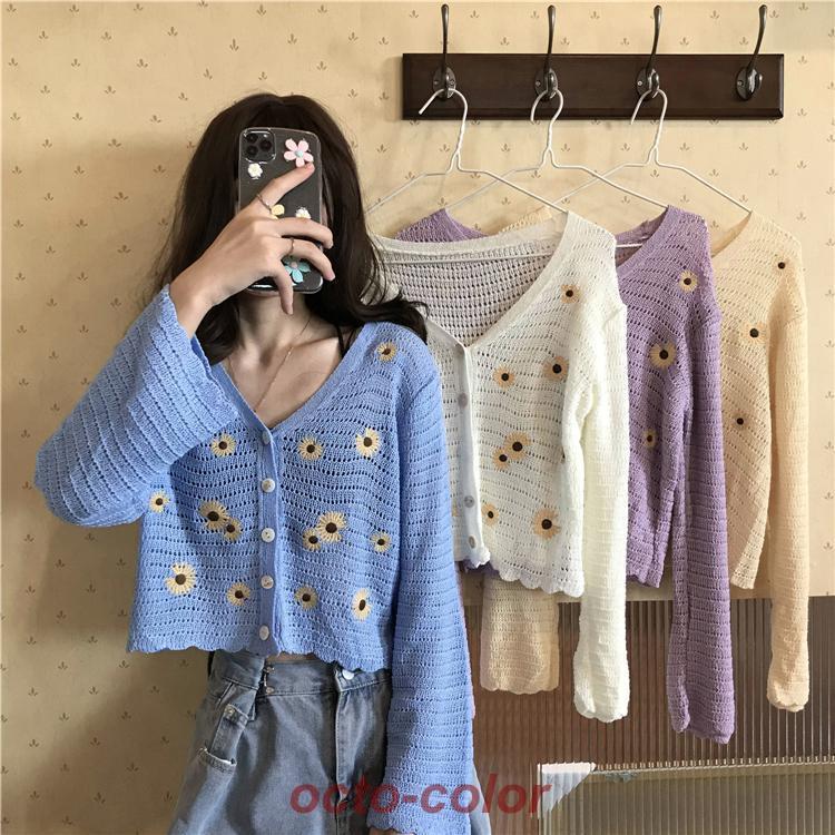 ショートカーディガン 春ニット 秋ニット トップス アウター ブラウス カーディガン 上着 部屋着 白トップス ショート ショート丈 袖あり 長袖 Vネック スリム