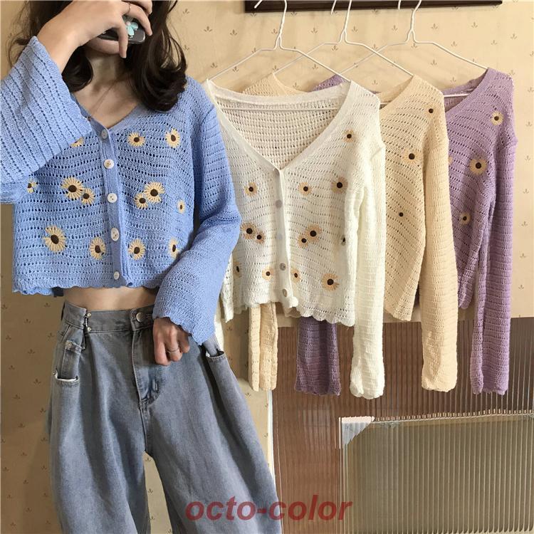 ショートカーディガン 春ニット 秋ニット トップス アウター ブラウス カーディガン 上着 部屋着 白トップス ショート ショート丈 袖あり 長袖 Vネック スリム