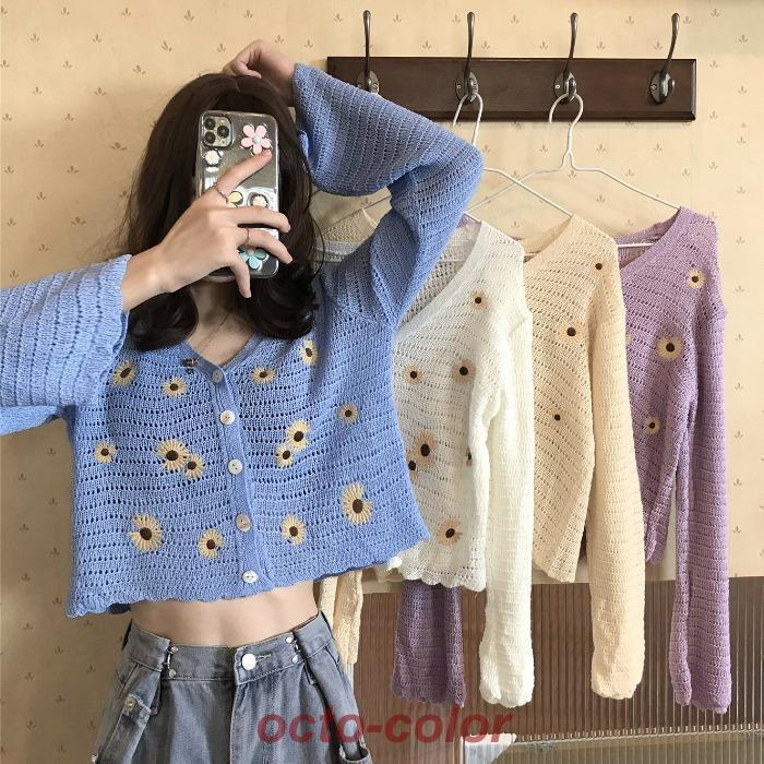 ショートカーディガン 春ニット 秋ニット トップス アウター ブラウス カーディガン 上着 部屋着 白トップス ショート ショート丈 袖あり 長袖 Vネック スリム