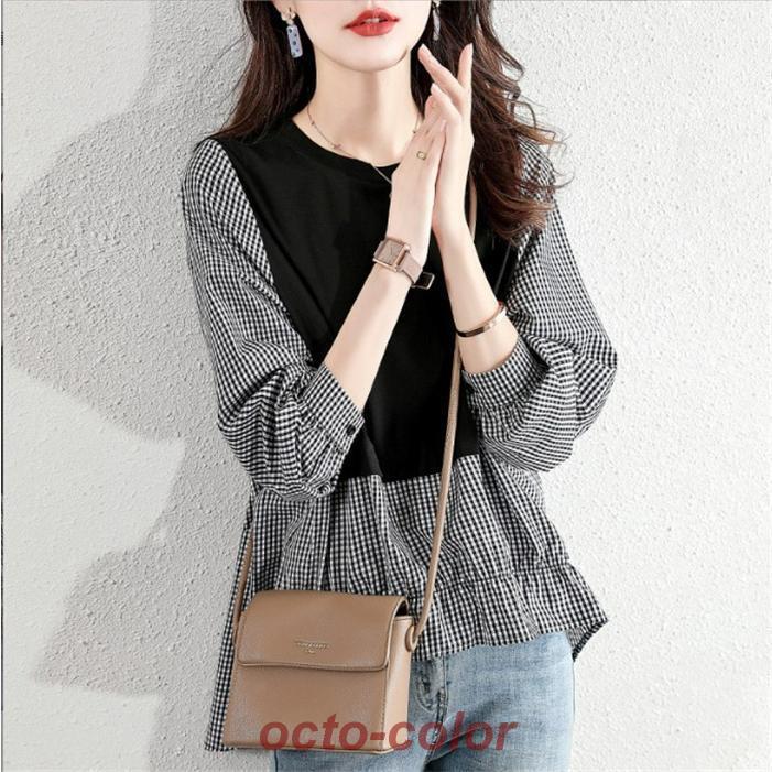 Tシャツ トレーナー スウェット ブラウス レディース 長袖 切り替え シャツ パーカー カットソー レイヤード風 ボリューム袖 シャツ切り替え ゆったり