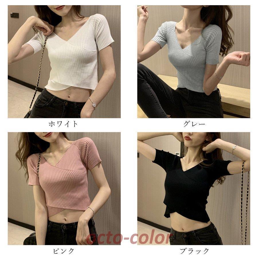 ニットトップス レディース 鎖骨見せ クロス カットソー ヘソ出し リブニット ショート丈 サマーニット 無地【ネコポス可】
