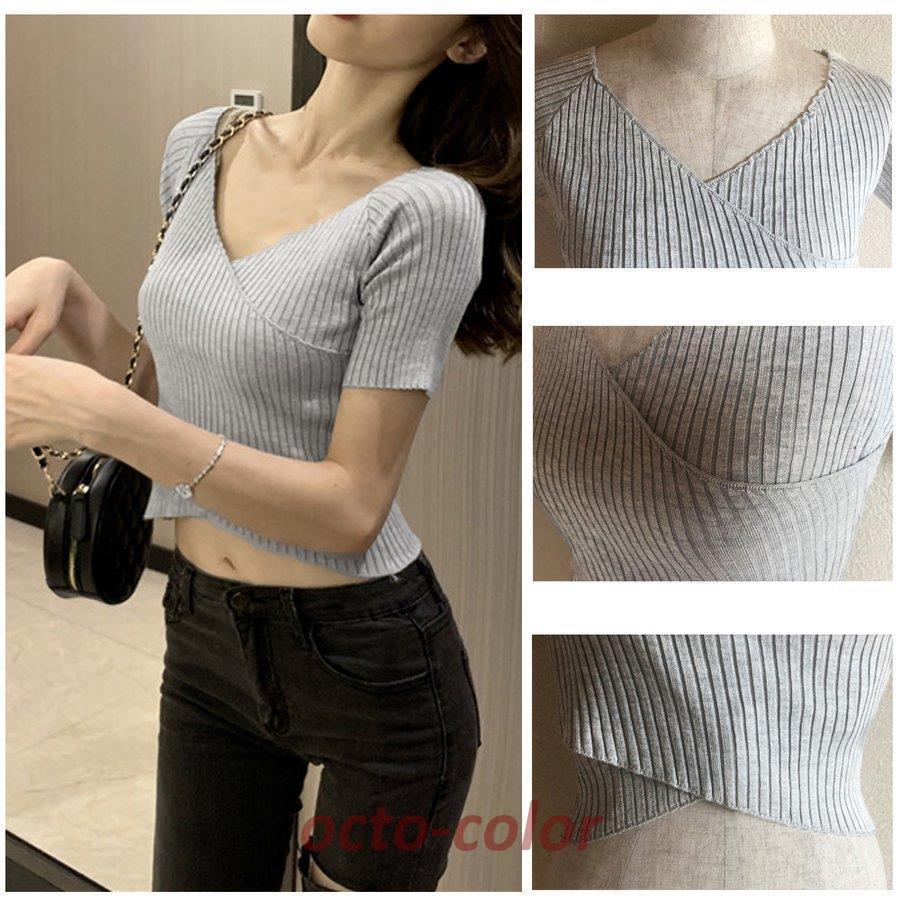 ニットトップス レディース 鎖骨見せ クロス カットソー ヘソ出し リブニット ショート丈 サマーニット 無地【ネコポス可】