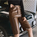 レザーパンツ ハーフパンツ PU革 五分丈 ワイドパンツ ゆったり レディース ストレートパンツ 半ズボン 短パン ショート丈 ハイウエスト 着痩せ 3色
