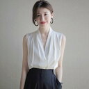 ブラウス ノースリーブ サテン シャツ レディース トップス ビジネス フォーマルブラウス 袖なし 無地 vネック 夏服 夏ブラウスシャツ