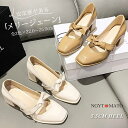 メリージェーンパンプス リボン 太めヒール パンプス スクエアトゥ ストラップ付き ストラップシューズ 合皮 PU おしゃれ 可愛い カジュアル 大人 歩きやすい