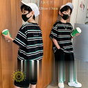 韓国子供服 男の子 セットアップ 上下セット キッズ カジュアル 夏服 ゆったり 兄弟 ストライプ柄 半袖 Tシャツ デニムパンツ 2点セット 夏着 運動 通学...