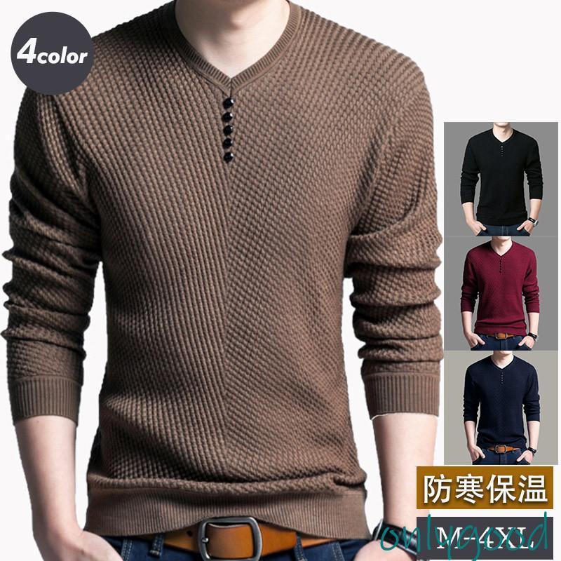ニットセーター メンズ vネック 長袖 薄手 トップス フェイクボタン ゴルフウェア プルオーバー 無地 ..
