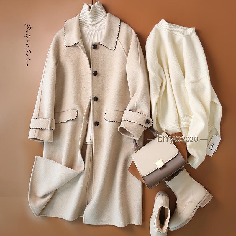 レディース ダブルフェイス仕様の丸襟ロング丈コート ウール地 おしゃれ 差し色 きれいめ 通学 通勤 秋服 冬服 アウター 上品 上質