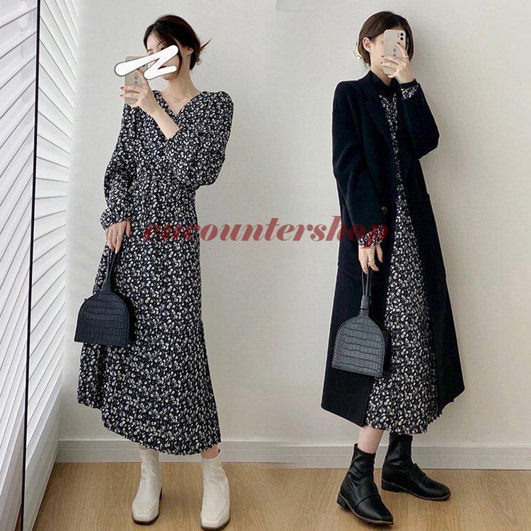 マキシワンピース レディース 40代 秋冬 長袖ワンピース 花柄ワンピース vネック ロング丈フレアスカート インナーワンピ オシャレ韓国風 大人 30代 50代