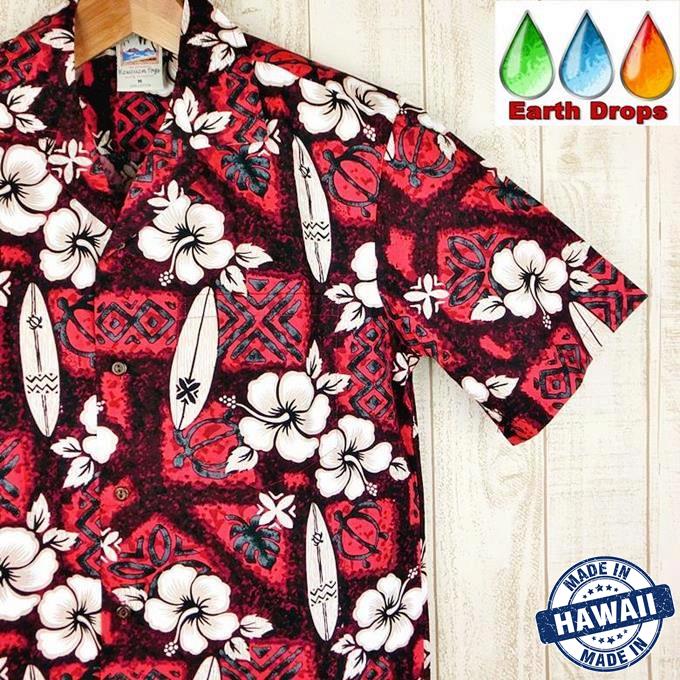 メンズアロハシャツ ハワイ製 コットン 大きいサイズ有 赤地/白ハイビスカス/ボード柄 Hawaiiから直輸入 メイドインハワイ/レッド/クールビズ 総柄シャツ (代引除く)