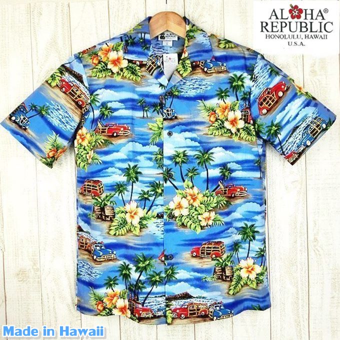 アロハシャツ メンズ ALOHA REPUBLIC ブルー/オールドハワイアン柄 メイドインハワイ希少 ハワイ仕入【プレゼント/ギフト】Hawaii製/ハワイアンシャツ 大きいサイズ有/紺/青 総柄シャツ【父の日】